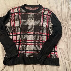 Rachel Zoe plaid sweater with metal chains and elbow pads